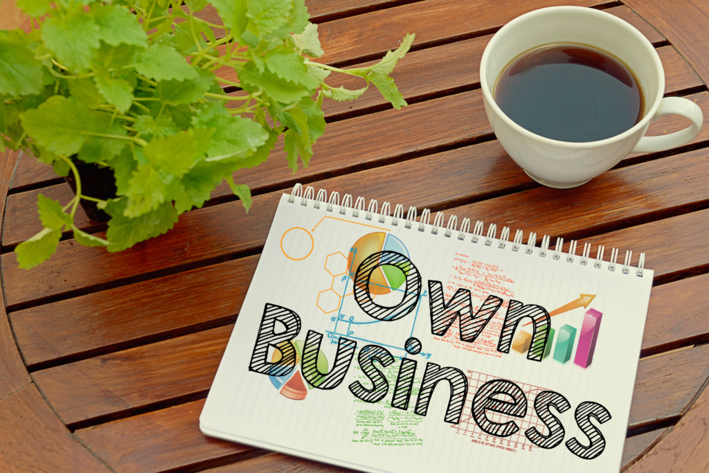 Træ bord med plante, kaffekop og en notesblok med skriften Own Business